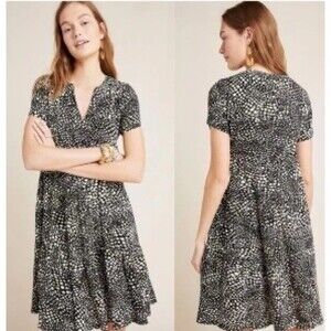Anthropologie Maeve S Sacha Tiered Swing Dress Black White Abstract Flowy Boho